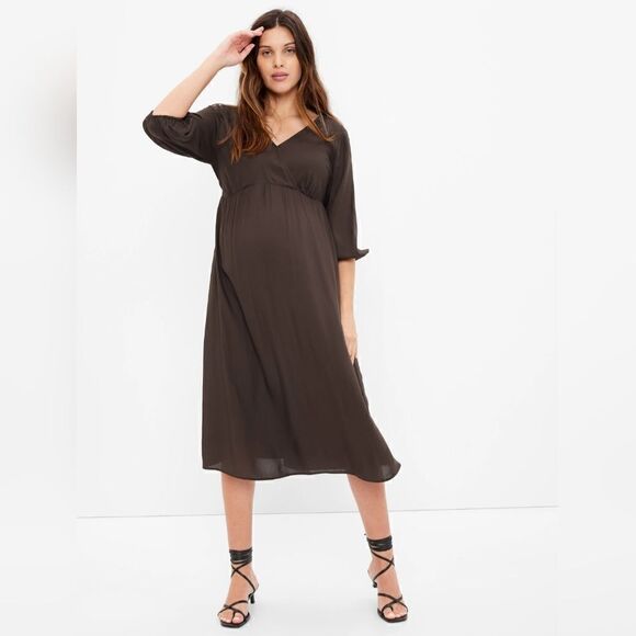 Brand New Gap Size Small Maternity Wrap Style V-Neck Black 100% Rayon Midi Dress - Picture 2 of 9